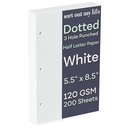 Half Letter 3-Hole Punched Dot Grid Paper, 200 Sheets, 120 GSM, 5.5 x 8.5 inch, Dotted Paper Planner Refill Inserts for Mini-Binders and 3-Ring Half Letter Binders