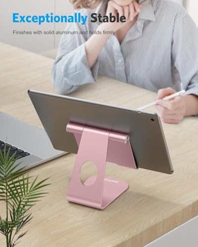 OMOTON T1 Adjustable Tablet Stand for Desk, Aluminum Holder Rose Gold | Solid Metal Build | Charging Cutout | Anti-Slip Silicone Pads | Multi-Angle Adjustable | Fits 3.5-12.9" | Holds Thick Cases - color: Rose Gold
