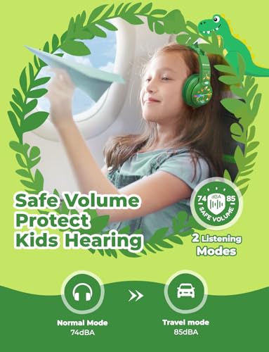 iClever BTH12 Kids Bluetooth Headphones,Colorful LED Lights Wireless Kids Headphones,74/85dBA Safe Volume,85H Playtime,Bluetooth 5.2,Over Ear Dinosaur Headphone Built-in Mic for iPad/Tablet/Airplane - color: C-Green