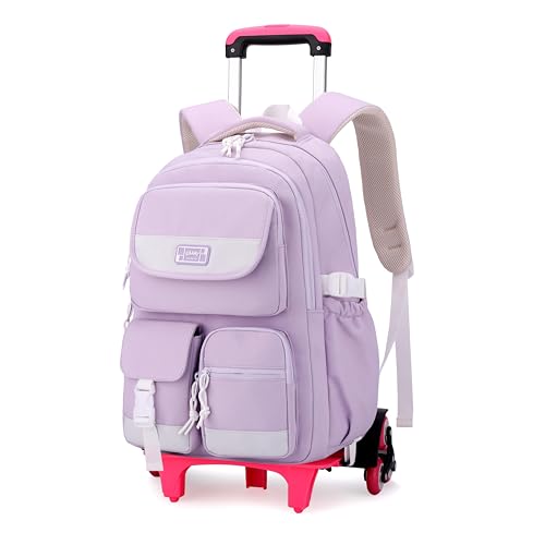 MITOWERMI Rolling Backpack for Girls, Backpack with Wheels for Girls, Kids Roller Trolley Bags Wheeled School Bookbag Purple-6 wheels - color: 6 Wheels-purple