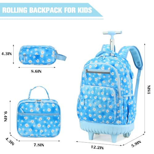 ACESAK Rolling Backpack for Girls - Roller Wheels School bag with Lunch Bag & Pencil Pouch for Teen Girls Kids Wheeled Suitcase Backpacks, Elementary Middle School Travel Daypack (Blue Daisy) - color: Blue Daisy