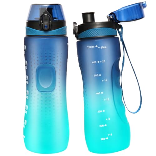 Water Bottle,25 oz Motivational Water Bottle with Time Marker,Sports Water Bottle with Carrying Strap,Leakproof & BPA Free,Reusable,for Teenager, Adult,Outdoors, Cycling, School & Office - color: Sapphire Green, size: 25.4 Ounces