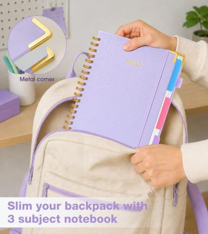 JASLEKO 3 Subject Notebook College Ruled with Dividers Tabs, 100 GSM Leather Hardcover Spiral Notebooks for School Work, 240 Pages Large Cute Notebook Journal for Women Men, College Students,Purple - color: Purple