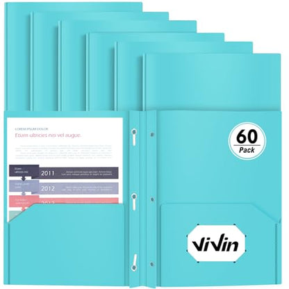 Heavy Duty Plastic Folder, 60 Pack, Pocket Folder with brads, Letter Size Poly File, Plastic Folders with 3 Prongs Fasteners - Light Blue - color: Lake Blue, size: 60 PACK