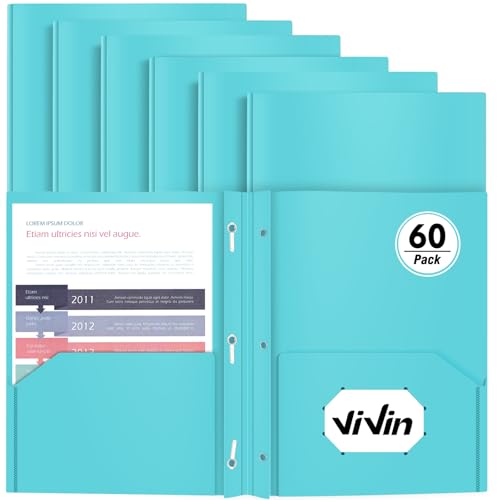 Heavy Duty Plastic Folder, 60 Pack, Pocket Folder with brads, Letter Size Poly File, Plastic Folders with 3 Prongs Fasteners - Light Blue - color: Lake Blue, size: 60 PACK