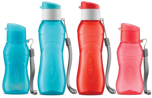 MILTON 4 pack 6 and 12 oz Kids Water Bottle for School Leak Free Flip Lid- Portable Small Sports Water Bottle for Adults Carry Strap Party Favors for Kids Prizes Gifts Goodie Bag Stuffers Bulk Pack - color: Red/Blue