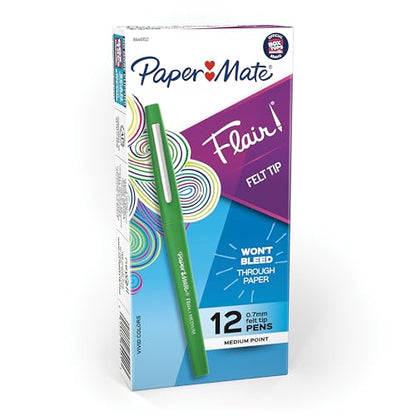 Paper Mate Flair Felt Tip Pens, Medium Point (0.7mm), Green Ink, 12 Count - Writing, Journaling, Desk Supplies - color: Green