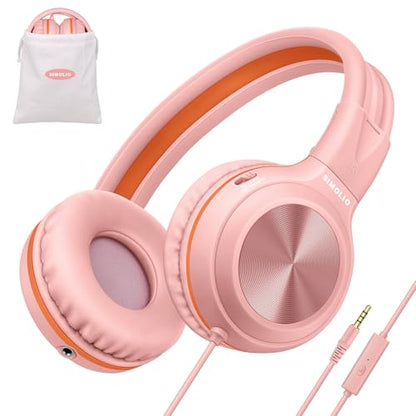 SIMOLIO Manyshare Series- Wired Headphones with Mic & Share Port, Volume Limited, Noise Isolating, Durable Plug in Headphones with Portable Pouch for Kids Girls, School, Travel, Laptop, Tablet (Pink) - color: Barbie Pink