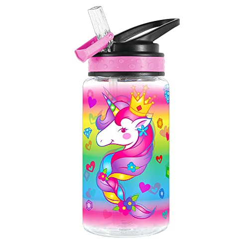 15oz Water Bottle for Kids Girls Boys School, BPA Free, Leak Proof Flip Straw, Carry Loop, Easy Clean - Unicorn - color: Unicorn