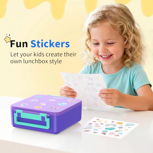 Bento Box for Kids, Lunch Box with Sticker and Leak-Proof Vacuum Food Jar, 4 Compartment BPA-Free Toddler Bento Box for School, Machine-Washable and Removable Compartments for Boy(Purple) - color: Purple
