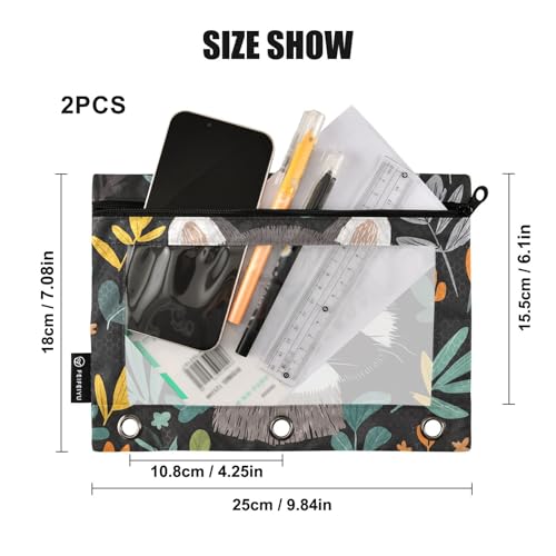 Fustylead Cute Raccoon and Leaves 2 Pack Pencil Pouches for 3 Ring Binder, Big Capacity Binder Pencil Bag with Clear Window for School Office Cosmetic Children Supplies - color: Grey01