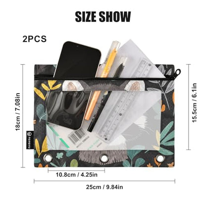 Fustylead Cute Raccoon and Leaves 2 Pack Pencil Pouches for 3 Ring Binder, Big Capacity Binder Pencil Bag with Clear Window for School Office Cosmetic Children Supplies - color: Grey01