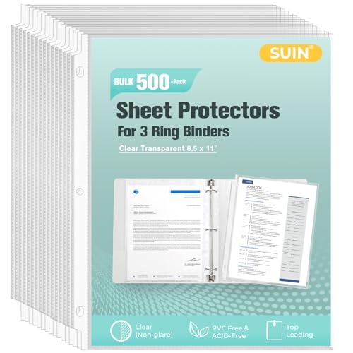 SUIN Sheet Protectors 500 Pack, Clear Plastic Page Protectors 8.5 x 11 Inch, Reinforced 3 Hole Plastic Binder Sleeves, Acid-Free Archival Document Holders for Office & School