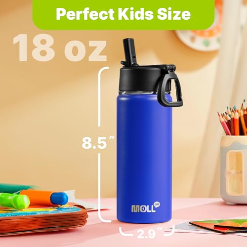 Kids Insulated Water Bottle with Straw-18 oz Stainless Steel Double Wall Vacuum Wide Mouth Water Bottle for School-Metal Travel Water Flask with Silicone Boot (Navy) - color: Navy, size: 18 Ounces