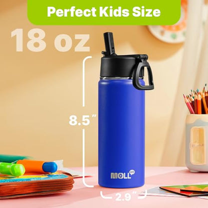 Kids Insulated Water Bottle with Straw-18 oz Stainless Steel Double Wall Vacuum Wide Mouth Water Bottle for School-Metal Travel Water Flask with Silicone Boot (Navy) - color: Navy, size: 18 Ounces