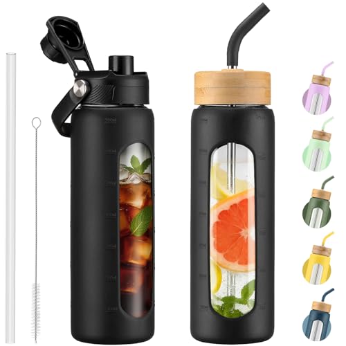Kodrine 24 oz Glass Water Bottle with Straw & Spout Lids, Motivational Time Marker, Borosilicate Glass Bottle with Silicone Sleeve, Leakproof, Wide Mouth, BPA-Free for Gym, Fitness & Travel-Black - color: Black, size: 24 Ounces