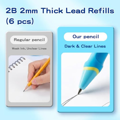 Ergonomic Pencil Set, 2.0mm HB Mechanical Pencils for Kids, School Supplies Include Sharpener, Eraser & 6 Extra Leads – Handwriting Aid for Preschool, Kindergarten, Homes, Blue, L - color: Blue