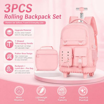 KLFVB Rolling Backpack for Girls, 3PCS Roller Bookbag with Lunch Bag for Kids, Wheeled School Bag for Teen - Pink Ribbon Bow - color: Pink Ribbon Bow Rolling Backpack