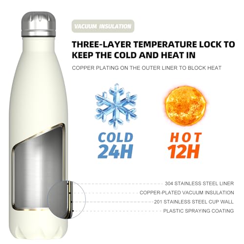 WATERSY Stainless Steel water bottles,17oz/500ml Insulated Water Bottles,Cream White metal water bottle Keeps Drink Cold and Hot,BPA Free kids water bottles for School,Gym,Travel,Sports - color: Cream White