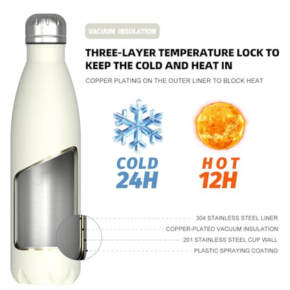 WATERSY Stainless Steel water bottles,17oz/500ml Insulated Water Bottles,Cream White metal water bottle Keeps Drink Cold and Hot,BPA Free kids water bottles for School,Gym,Travel,Sports - color: Cream White