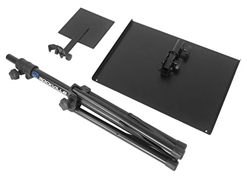 Rockville RLS68 Dual-Tray Laptop/Tablet Stand, Adjustable Height 30-51", Foldable, Portable, for DJs, Presenters, and Musicians | 30-51" Height, 22 lb Capacity, 15.75" x 11" Main Tray, 7.8" x 5.5" Side Tray, Angle Adjustment, Folding Steel Frame