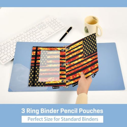 Gredecor 3 Ring Binder Pencil Pouch, American Flag with Fiery Zippered Pen Case Pouches with Clear Window, 2 Pack Stylish Office & School Supplie - color: American Flag With Fiery