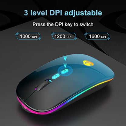 LED Wireless Mouse, Bluetooth Mouse &2.4GHz Instant Connection,Rechargeable Ultra Silent Slim,3 DPI 2 Connection Modes with USB-C to USB Adapter for Laptop/MacBook/PC/Tablet/iPad (Black-blue) | Bluetooth mouse with 2.4GHz USB receiver, silent slim design,
