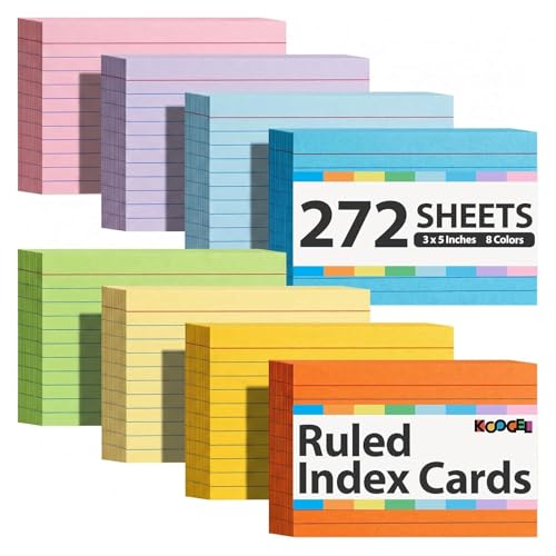 Koogel Index Cards 3x5, 272 Count, Colored Ruled Flash Cards for Studying, 34 Pack of 8, Heavy Weight Lined Notecard Portable Note Taking for Students Teachers School Office Home Supplies, 8 Colors