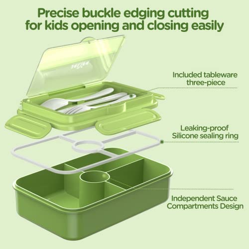 Jelife Bento Box Kids Lunch Box - Large Bento-Style Leakproof with 4 Compartments Food Storage Container with Tableware for Kids Back to School, Reusable On-the-Go Meal and Snack Packing, Green - color: 1100ml-Green