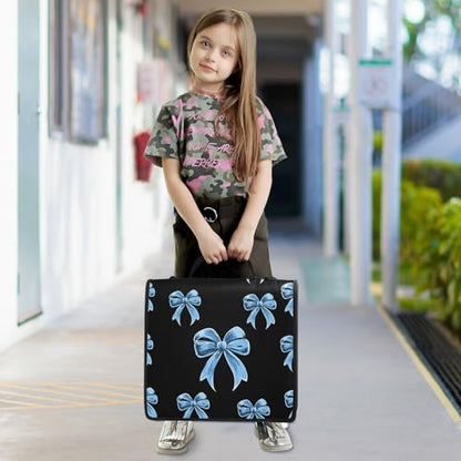 Blue Bow Print 3 Ring Zipper Binder Bag Binder Organizer with Handle Shoulder Strap for School Work Office Supplies - color: Blue Bow Print