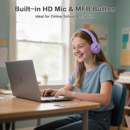 SIMOLIO Kids Wired Headphones with Mic, USB C & 3.5mm, 3-Level Safe Volume, Share Port & Pouch, Stereo Sound& Passive Noise Cancelling, Foldable Over Ear Headsets for Tablet Kindle iPhone iPad Travel - color: Purple