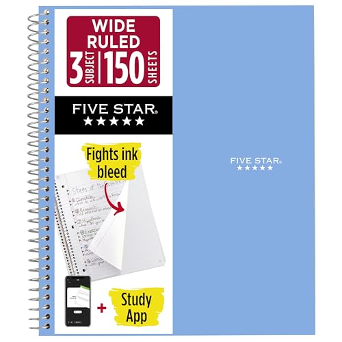 Five Star Spiral Notebook + Study App, 3 Subject, Wide Ruled Paper, 8" x 10-1/2", 150 Sheets, Fights Ink Bleed, Water Resistant Cover, Tidewater Blue (73184) - color: Tidewater Blue, size: 8" x 10-1/2" (Pack of 1)