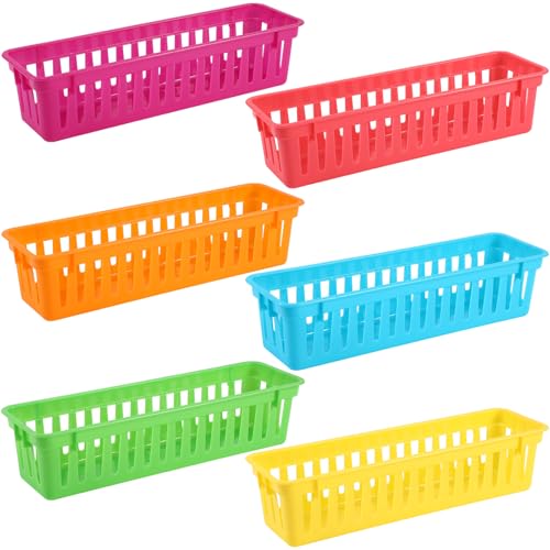 6 Pcs Colorful Slim Plastic Storage Baskets Tray 10 x 3 x 2.5 Inch Compact Stackable Desk Organizer for Office, Classroom, School Supplies, and Home Storage, Organization(Colorful) - color: Colorful