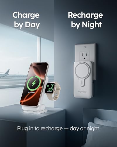 myCharge EcoHub 3-in-1 Magnetic Wireless Charger & Battery Pack for iPhone, iWatch, AirPods - 6,000mAh Battery | Built-in Wall Plug | 15W Magsafe Wireless Output | Foldable | Charging Station | White - color: White