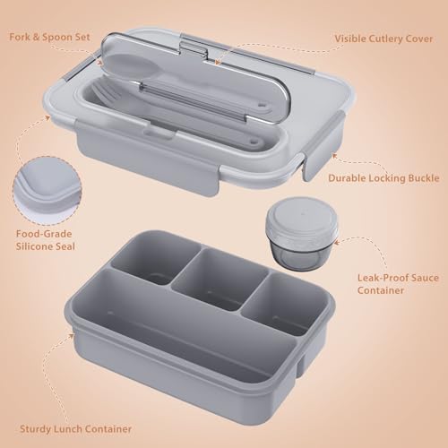 Caperci Bento Box Adult - 50 oz Large Lunch Containers for Adults and Teens, 4-Compartment Bento Lunch Box with Utensils & Leak Proof Sauce Cup, Dishwasher Safe, Durable, BPA-Free (Gray) - color: Gray