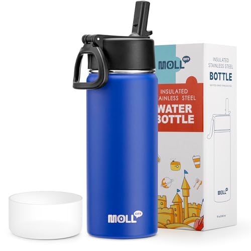 Kids Insulated Water Bottle with Straw-18 oz Stainless Steel Double Wall Vacuum Wide Mouth Water Bottle for School-Metal Travel Water Flask with Silicone Boot (Navy) - color: Navy, size: 18 Ounces