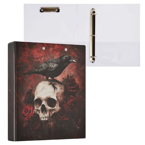 Gothic Skull with Crow and Red Roses 3 Ring Binder 1.5" Decorative D-Ring Binder with Clipboard&3 Clear Pockets, Holds 200 Sheets A4 Size Paper Waterproof Binders for School Home Office - color: Gothic Skull With Crow and Roses, size: ‎12.4x10.63x2.36 Inc
