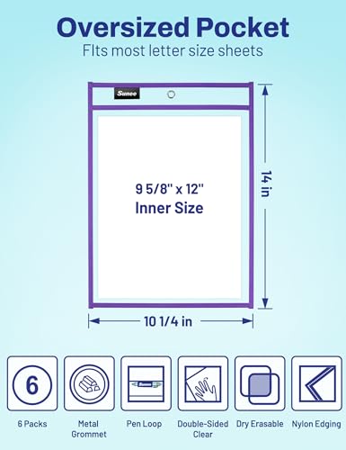 SUNEE 6 Packs Oversized Reusable Dry Erase Pocket Sleeves with Ring, Purple 10x14 Ticket Holders, Clear Plastic Sheet Protectors, Teacher School Classroom Supplies - color: Purple, style: 6 Pack