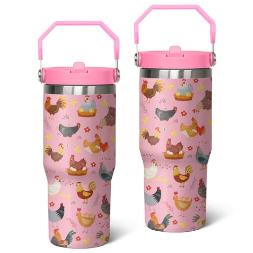 Queen Hero 30 oz Chicken Tumbler with Handle, Large Insulated Tumbler with Flip & Straw Coffee Mug Cup Stainless Steel Gifts for Women Men Youth - color: Rose Pink