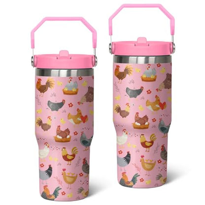 Queen Hero 30 oz Chicken Tumbler with Handle, Large Insulated Tumbler with Flip & Straw Coffee Mug Cup Stainless Steel Gifts for Women Men Youth - color: Rose Pink