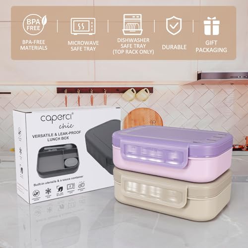 Caperci Stackable Bento Lunch Box for Adult & Teens - Reinforced Leak-Proof Lunch Container 4-Compartment with Utensils & Sauce Container, BPA-Free, Dishwasher/Microwave Safe, 47oz (Pale Mocha) - color: Pale Mocha
