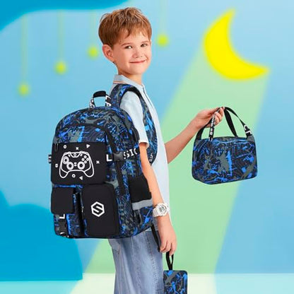 Scothen Boys Backpack, Cool Luminous School Backpacks for Boys with Lunch Bag Pencil Case, Kids Backpack Kindergarten Elementary Middle School Book Bags for Teen Boy Children with USB Charging Port - color: Cool Blue