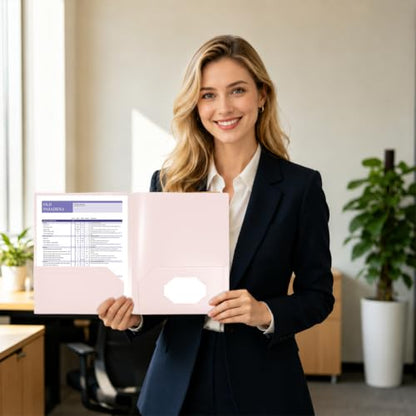 Plastic File Folders with 2 Pockets, Pink Folders with Pockets 7 Pack, File Folders Letter Size 8.5x11 inches Folder with Business Card Slot for Home Office School Business - color: Pink