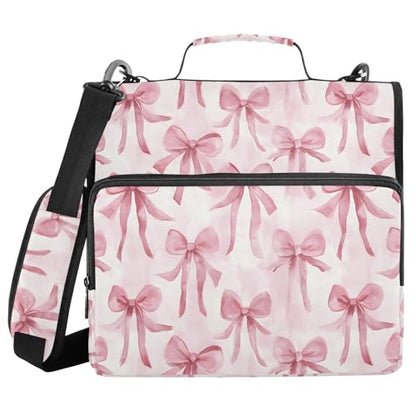 Watercolor Pink Bow Pattern Zipper Binder 3 Ring with Handle and Shoulder Strap, 500 Sheet Binder Organizer Capacity & Multi-Pockets for School Office - color: Aa02
