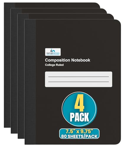 1InTheOffice Composition Notebook, College Rule Notebook, 160 Pages (80 Sheets), Black, 7 1/2" x 9 3/4", 4 Pack