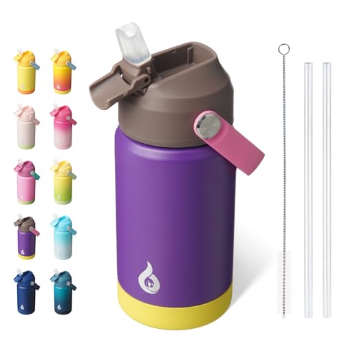 BJPKPK Insulated Water Bottle with Straw Lid, 12oz Thermo Water Bottles with Soft Nozzle, Flex Handle & Non-slip Boot, BPA Free Leak Proof Stainless Steel Metal Thermo, Tumblers, Cups,Violet - color: Violet, size: 12 Ounces