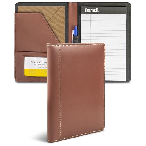 Samsill Contrast Stitch Faux-Leather Portfolio, Mini Size Business Interview Professional Padfolio, Includes 5 x 8 Inch Writing Pad, Brown - color: Brown