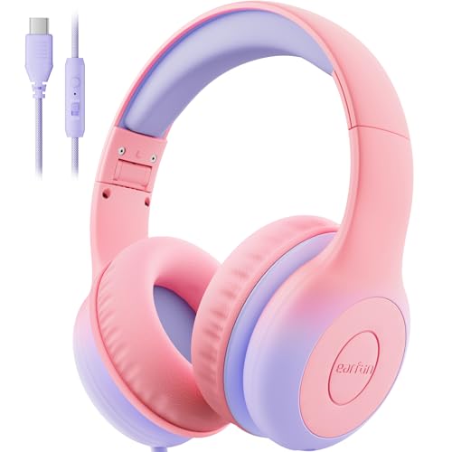 EarFun Kids Headphones Wired with Microphone, USB Type C Headphones for Kids, 85/94dB Volume Limit, Portable Wired Headphone with Shareport, Stereo Sound Foldable Headset for School/Tablet/PC, Pink - color: USB-C Pink