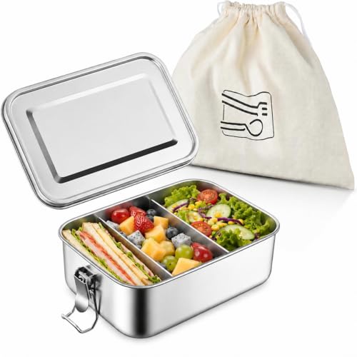 TeamFar Stainless Steel Bento Box, 28oz/850ML Small Metal Lunch Box | Lunch Container for Adults / Kids, for Home/School/Office/Travel, With 2 Removable Dividers, Leak-Proof & Dishwasher Safe - size: 850ML