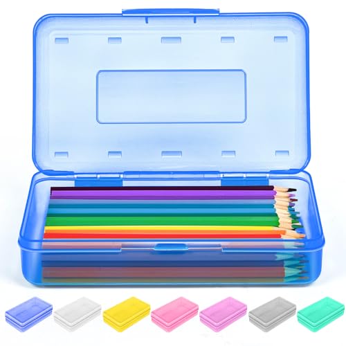 Sooez Pencil Box, Crayon Box Clear, Hard Pencil Case, Plastic Large Pencil Box, Colored Marker Sticker Box, School Box for Boys Girls Adult, Teacher Supplies for Classroom, Homeschool School Supplies - color: A-Navy blue
